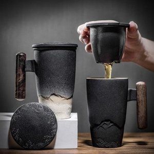 Ceramic black mug tea cup pot with Wooden handle in 2 Colors with Tea Strainer
